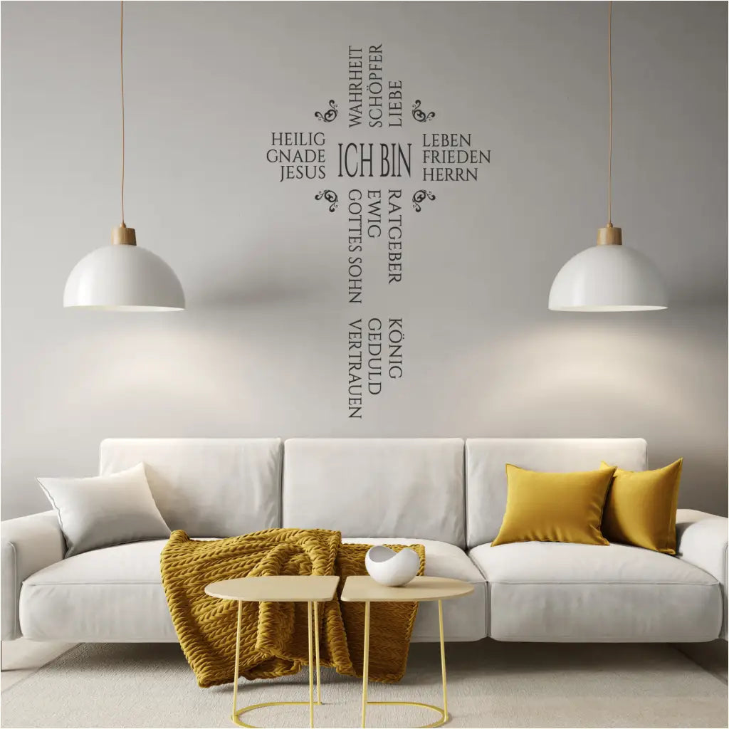 Beautiful Christian wall decal art of the I AM cross by The Simple Stencil translated into German