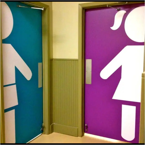 Boy and Girl Modern Restroom Door Decals help children find restrooms easily in preschools, elementary schools, or any environment where you need a no-read restroom sign. Easy to install decals appear painted on and come in a variety of colors and sizes as shown in picture.