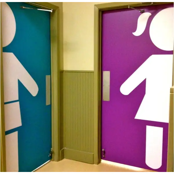 Boy and Girl Modern Restroom Door Decals help children find restrooms easily in preschools, elementary schools, or any environment where you need a no-read restroom sign. Easy to install decals appear painted on and come in a variety of colors and sizes as shown in picture.