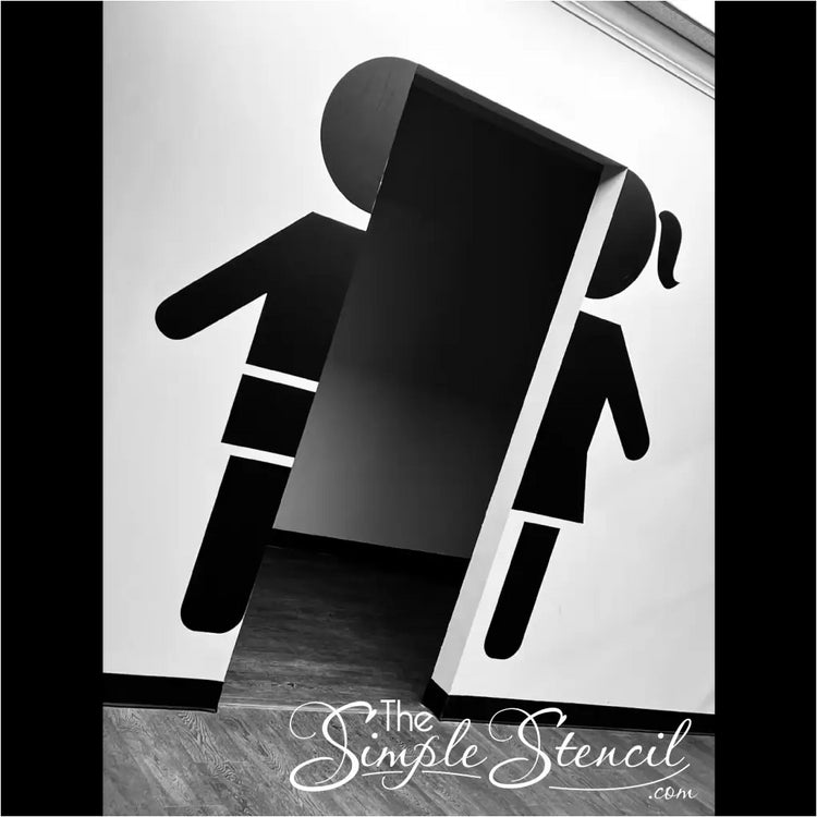 Customer Supplied picture of Boy and Girl Restroom Sign Decals installed on walls leading to restrooms - Design and decals supplied by The Simple Stencil