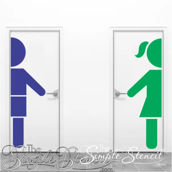 Large boy and girl silhouette door decals to direct to restrooms in a no read way. Customizable by color, size and direction to create a modern look in your school, church or business establishment.