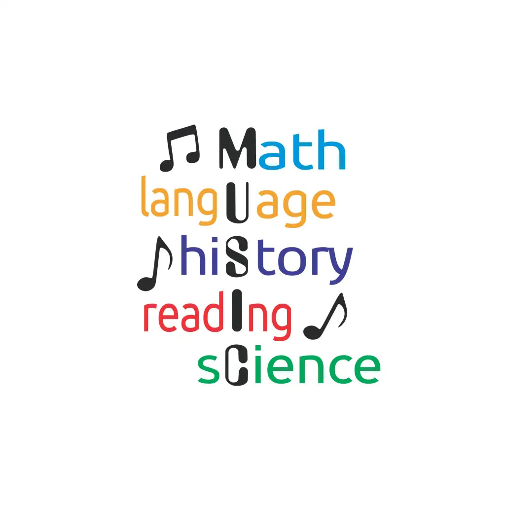 Eye-catching "MUSIC Subjects" vinyl decal in a bold color scheme enhances a music classroom, creating a stimulating and positive learning environment that celebrates the power of music and its ties to diverse subjects.