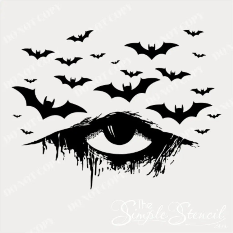 A black vinyl Halloween decal design featuring a distressed, dripping eye with numerous bats flying above it, displayed on a watermarked background with 'TheSimpleStencil.com'. Copying of this design is not permitted.