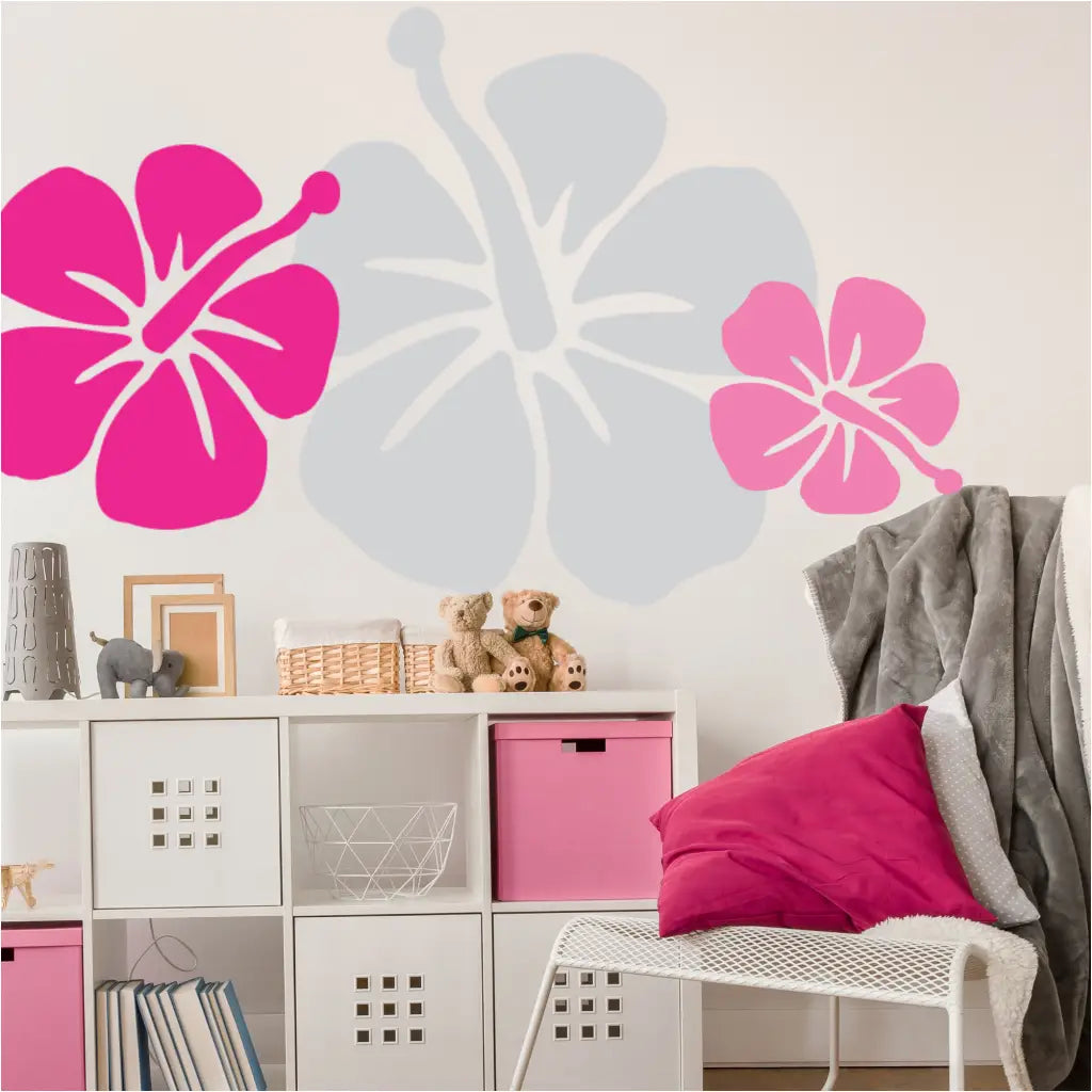 Colorful Hibiscus Flower Decals for Beach & Summer Vibes on Walls and Windows. Shown displayed on girls room wall to create an instant update for beach themed room decor. By TheSimpleStencil.com