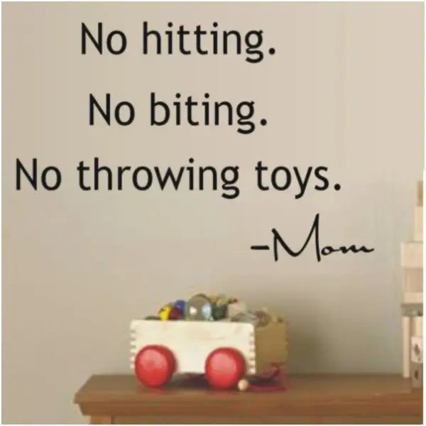 A funny wall quote decal to display anywhere kids play to help them remember these fundamentals. No hitting, no biting, no throwing toys.