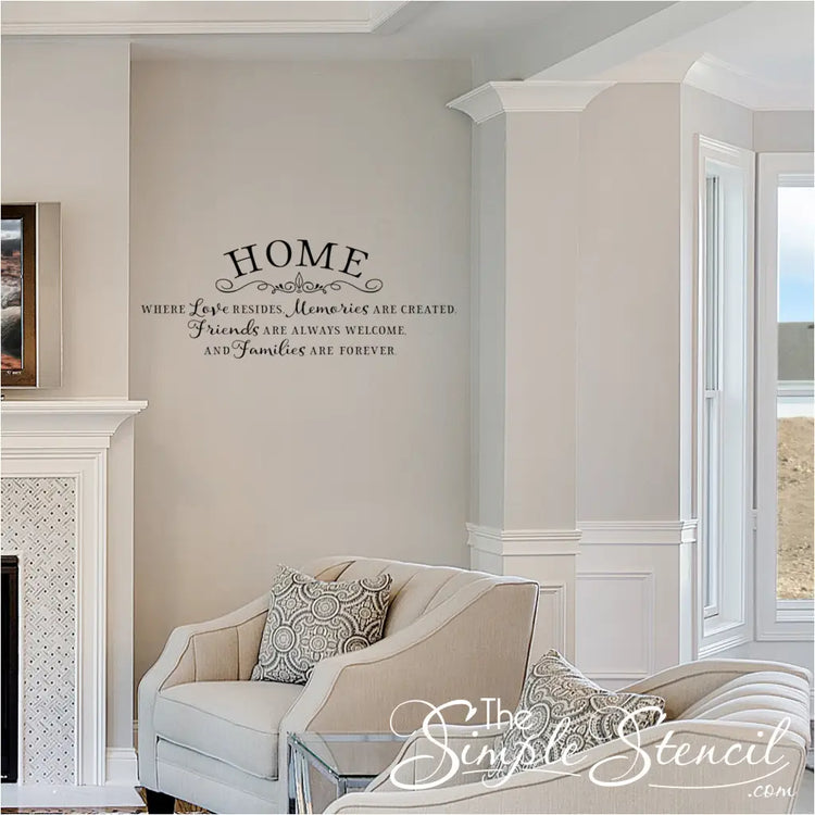 Inspirational Family Quote Vinyl Lettering on a Light Gray Wall in a Cozy Living Room Setting