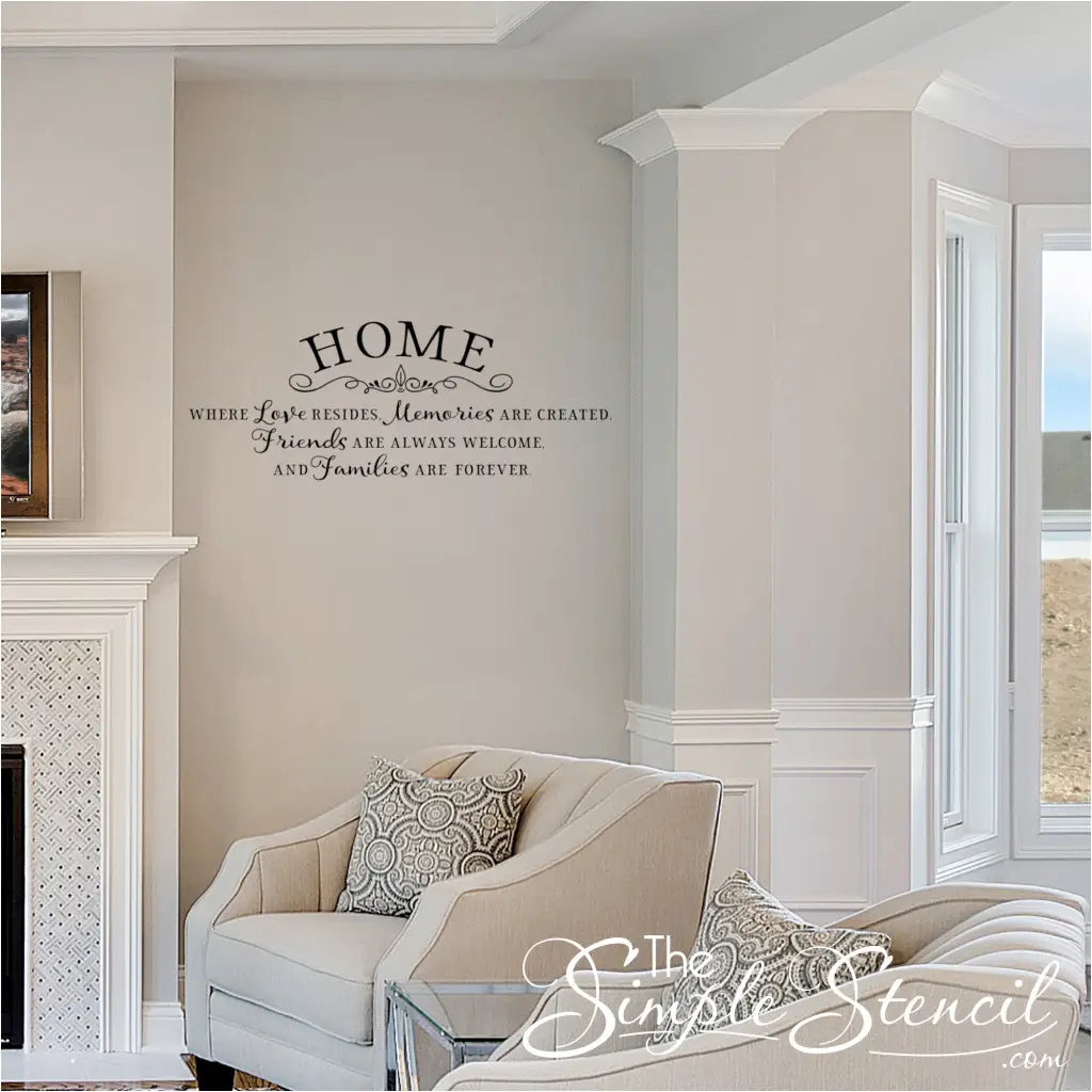 Inspirational Family Quote Vinyl Lettering on a Light Gray Wall in a Cozy Living Room Setting