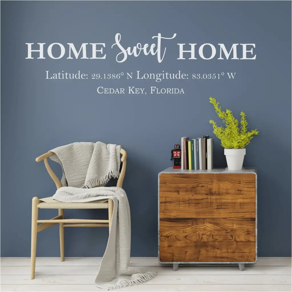 Home sweet home latitude and longitude personalized wall or window decal for your home decorating.