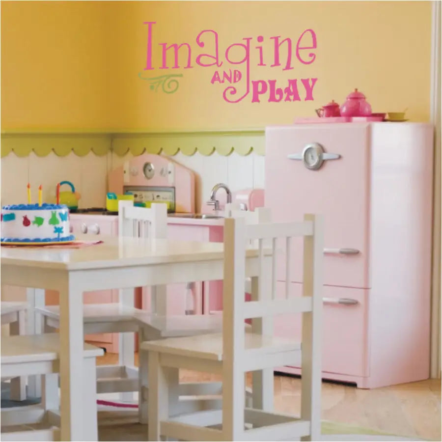 Adorable playroom for girls with a cute vinyl wall decal that reads: Imagine and play in a whimsical style adds interest to the otherwise blank walls.