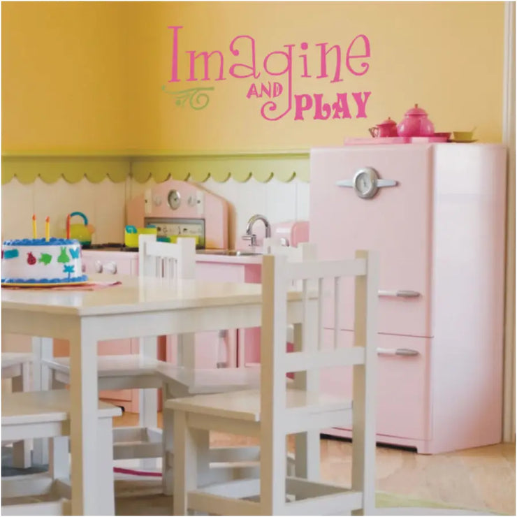 Adorable playroom for girls with a cute vinyl wall decal that reads: Imagine and play in a whimsical style adds interest to the otherwise blank walls. 