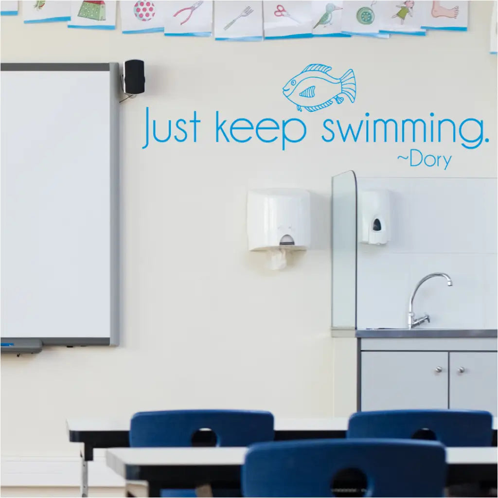 Just keep swimming. ~Dory | This Disney inspired quote wall decal is a great way to offer a little encouragement on the walls of your home, school, business, etc.