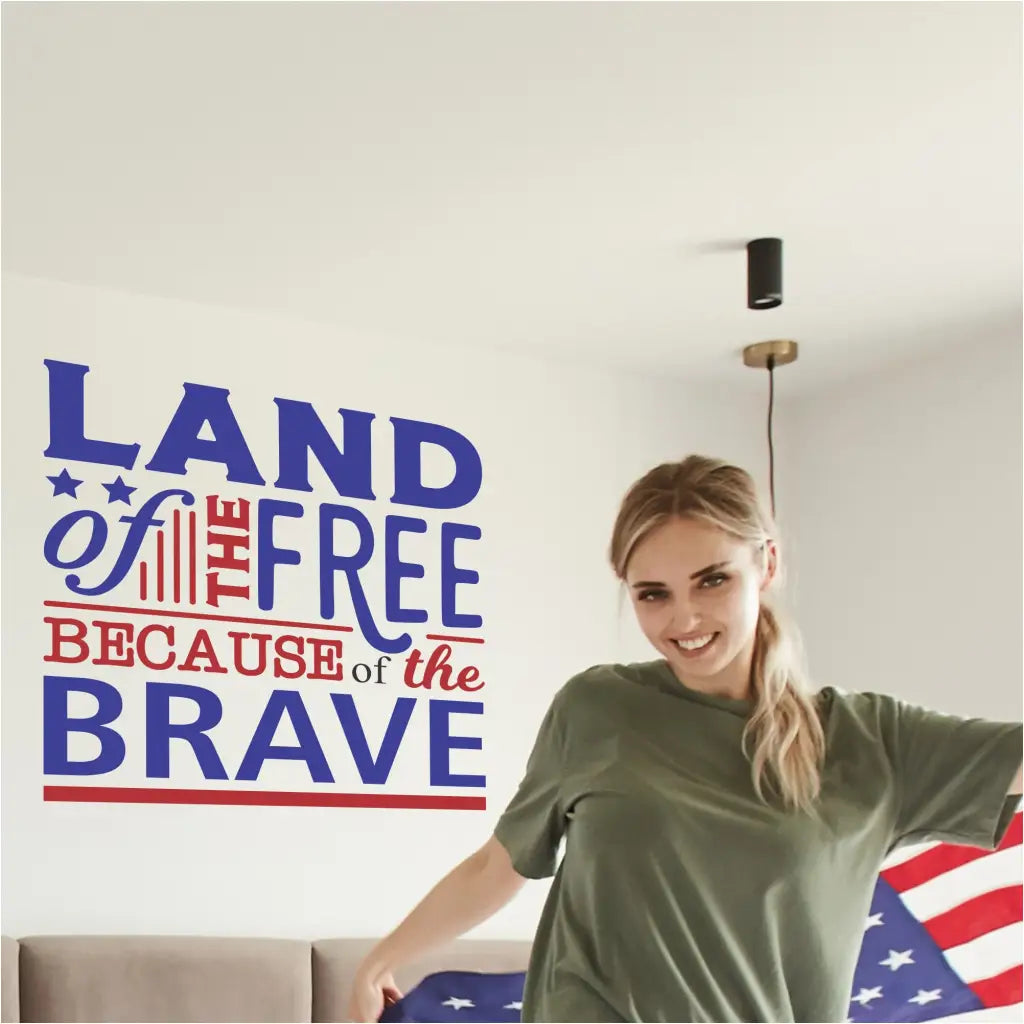 Beautiful vinyl wall decal for displaying in your proud American home or office, especially during patriotic holidays. This one reads: Land of the free, becuase of the brave.