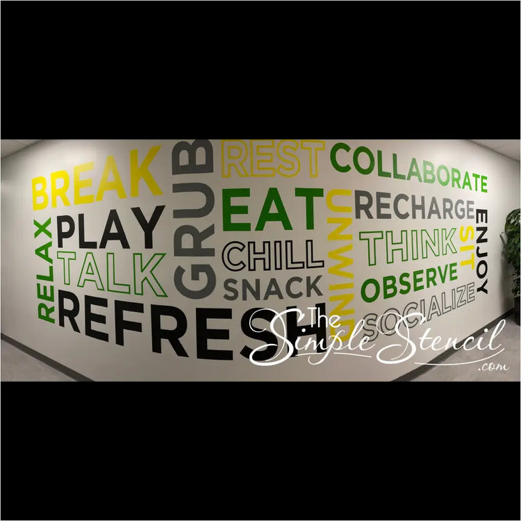 Large business office and school admin office display idea using colorful decal words with a DIY installation. Match colors to your school or business logo and select from many sizes from small to extra large wall size decals.