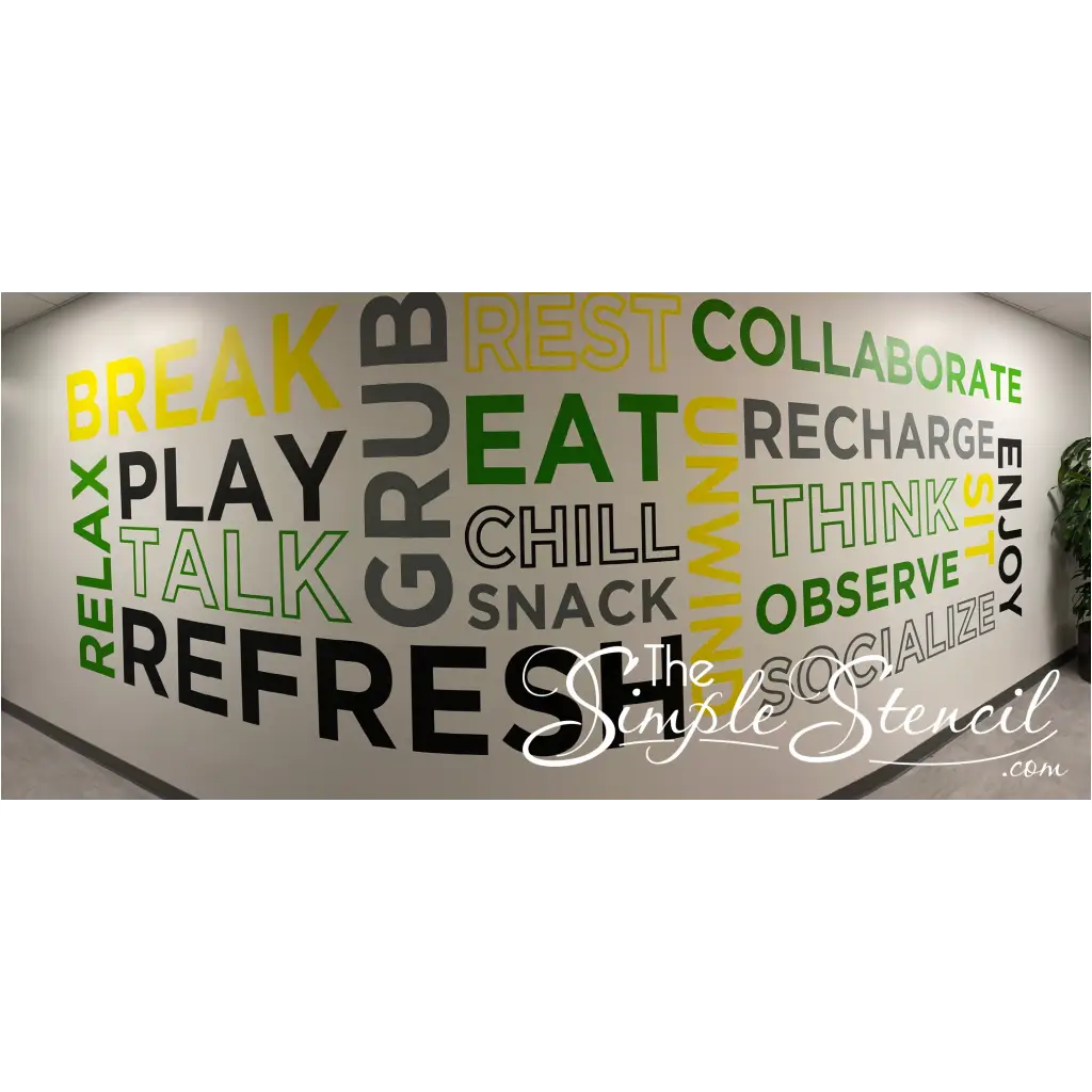Large business office and school admin office display idea using colorful decal words with a DIY installation. Match colors to your school or business logo and select from many sizes from small to extra large wall size decals.