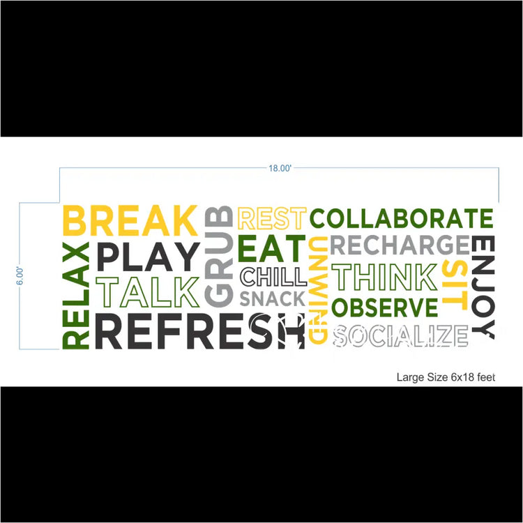 Layout showing the largest size of this positive word wall decal set for schools and business office settings. Use the layout to apply large words to your wall in the same pattern or use your own creativity to display words around your office settings to create a positive and relaxing atmosphere.