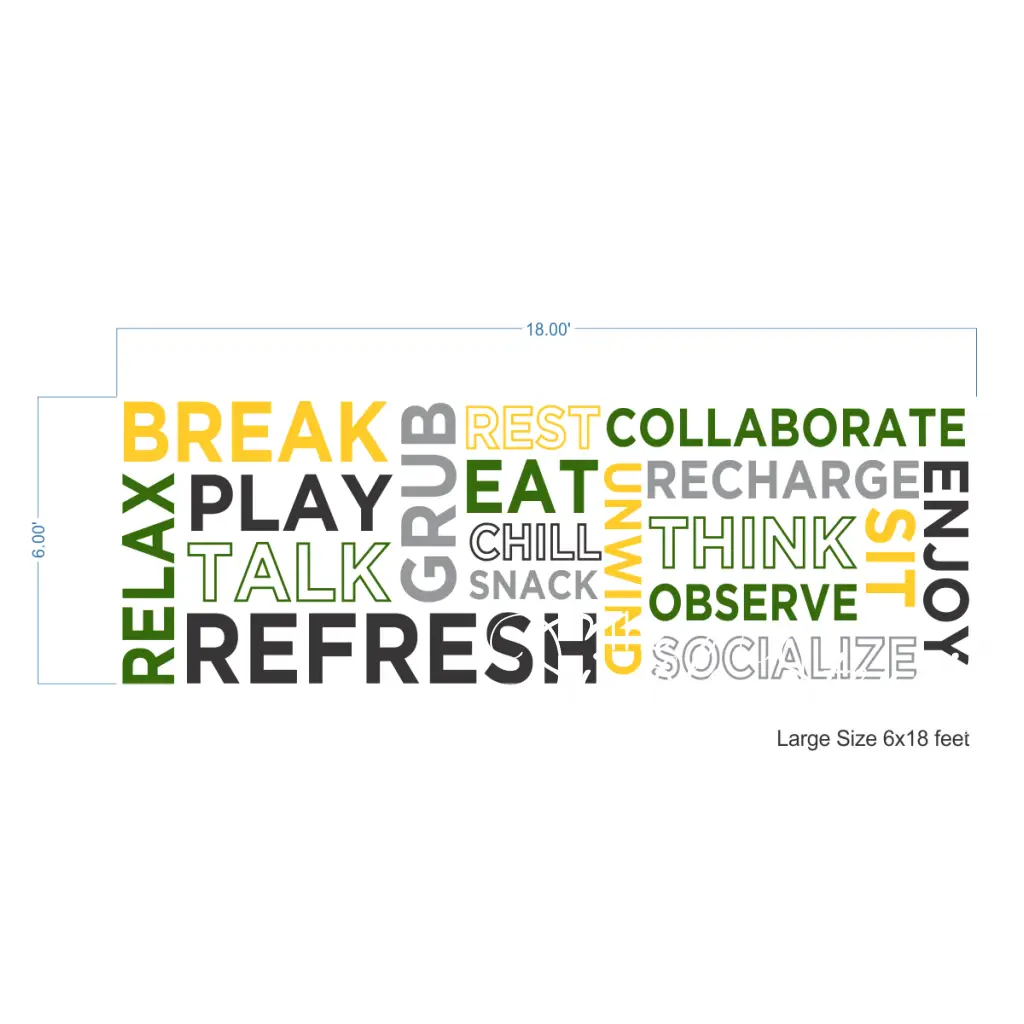 Layout showing the largest size of this positive word wall decal set for schools and business office settings. Use the layout to apply large words to your wall in the same pattern or use your own creativity to display words around your office settings to create a positive and relaxing atmosphere.
