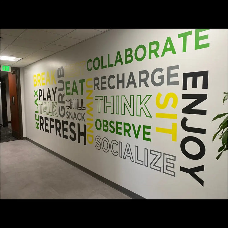 Large word wall for business entry way to greet visitors with a positive and relaxing atmosphere. Customized colors and many sizes to fit any business wall display size and decor or logo colors.