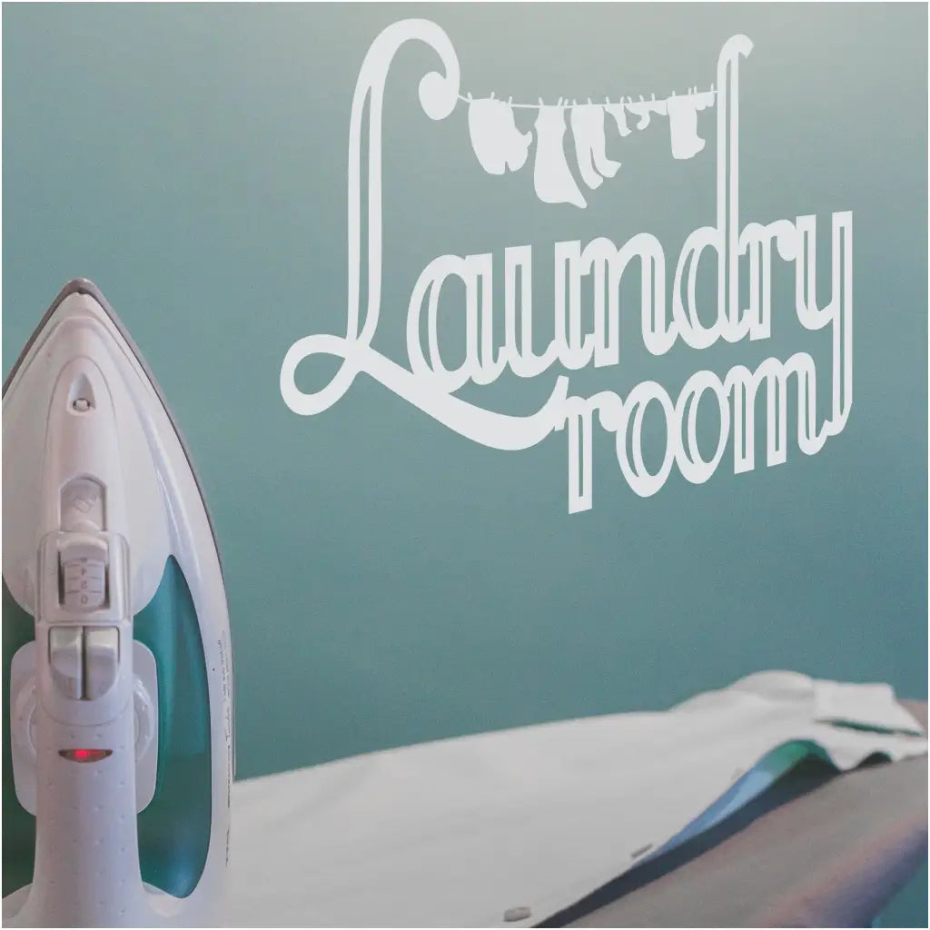 Laundry Room Wall decal displayed on a wall near an ironing board to help dress up your boring laundry room walls.