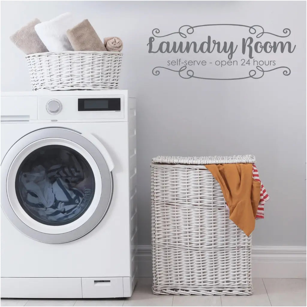 Cute vinyl wall decal for a Laundry Room that reads: Laundry Room self-serve open 24 hours