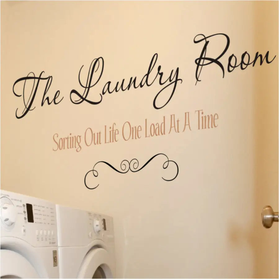 The Laundry Room Wall Decal display that reads: Sorting out life one load at a time with a pretty scroll flourish