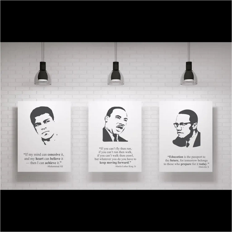 Set of three Black Leader Poster Prints For School and Classroom Display during Black History Month or in any American History Classroom. Each poster displays a face silhouette image alongside a quote by Muhammad Ali, Martin Luther King, Jr. Maxcolm X, Maya Angelou and Rosa Parks.