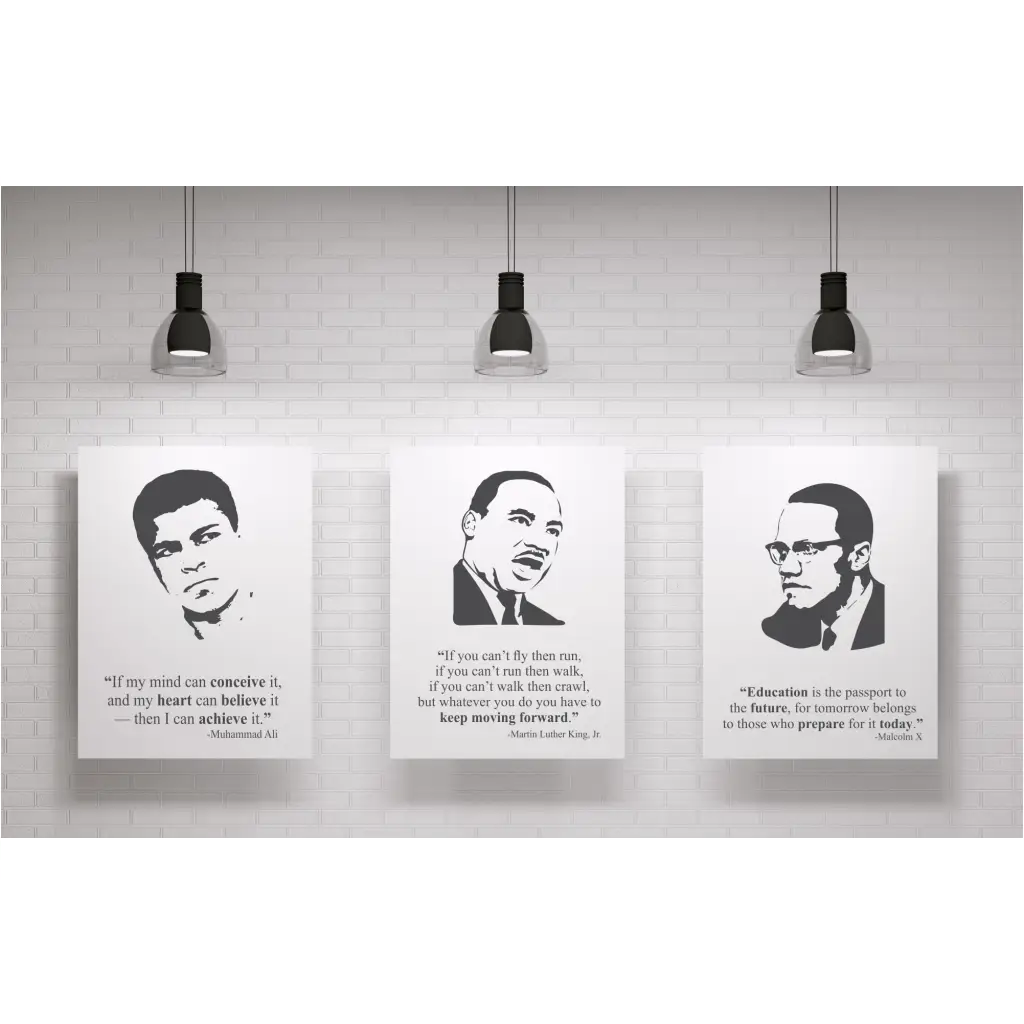 Set of three Black Leader Poster Prints For School and Classroom Display during Black History Month or in any American History Classroom. Each poster displays a face silhouette image alongside a quote by Muhammad Ali, Martin Luther King, Jr. Maxcolm X, Maya Angelou and Rosa Parks.