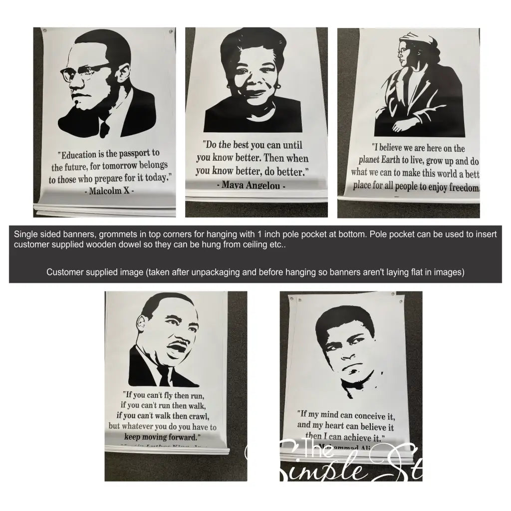 a collection of hanging banners of quotes by and images of black leaders to use as educational displays in schools or government organizations during black history month and beyond.