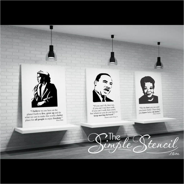 Three large canvas prints of Rosa Parks, Martin Luther King, Jr. and Maya Angelou along with one of their inspiring quotes for display during any Black History celebration or event.