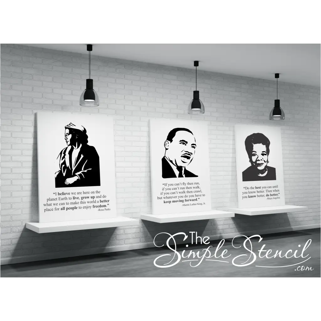 Three large canvas prints of Rosa Parks, Martin Luther King, Jr. and Maya Angelou along with one of their inspiring quotes for display during any Black History celebration or event.