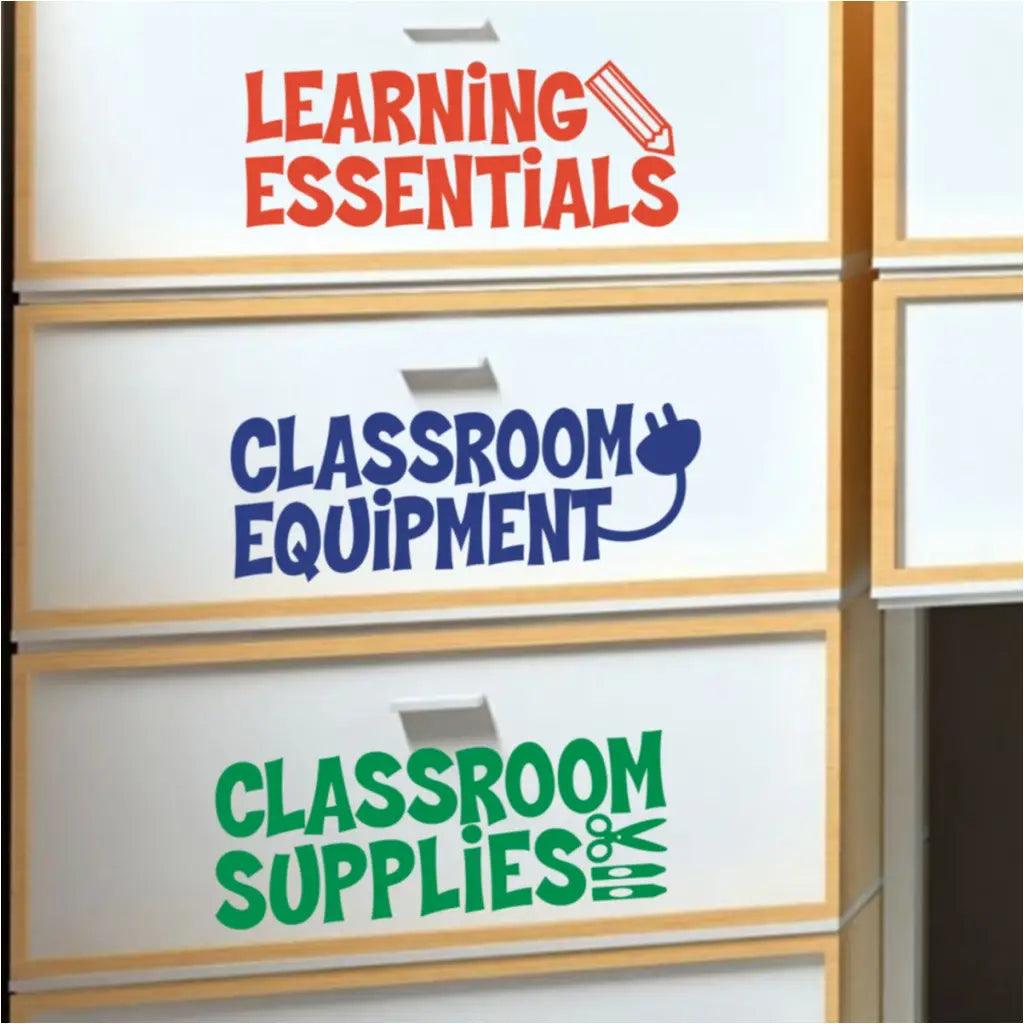 classroom decals to help teacher stay organized. colorful and creative these fun decals will add a nice touch to classroom closets and shelves to keep everything in it's place!