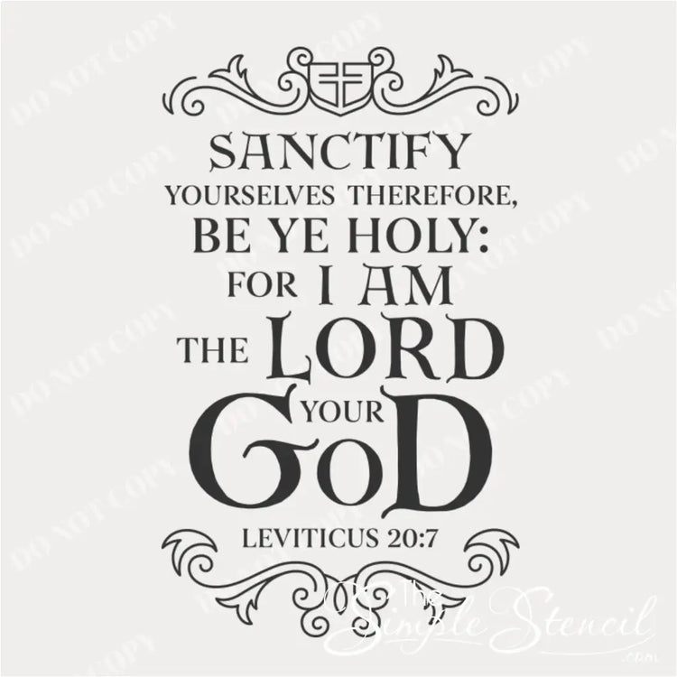 A close-up view of the Leviticus 20:7 "Sanctify Yourselves" Bible verse wall decal in black, featuring elegant decorative scrolls and a cross design at the top, shown on a light background.