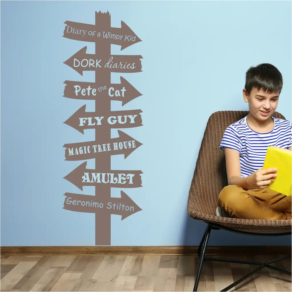 Library Book Destination Sign 2 - A collection of popular young adult books such as Diary of a Wimpy Kid, Dork Diaries, Fly Guy, etc. incorporated into this cute Library Wall Display perfect for schools or classroom reading nooks of elementary and middle school students. 