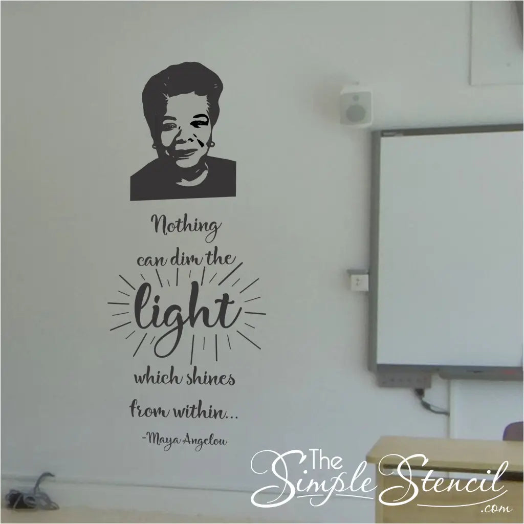 Maya Angelou wall quote decal and face silhouette displayed on a high school classroom wall to inspire and motivate in the classroom.