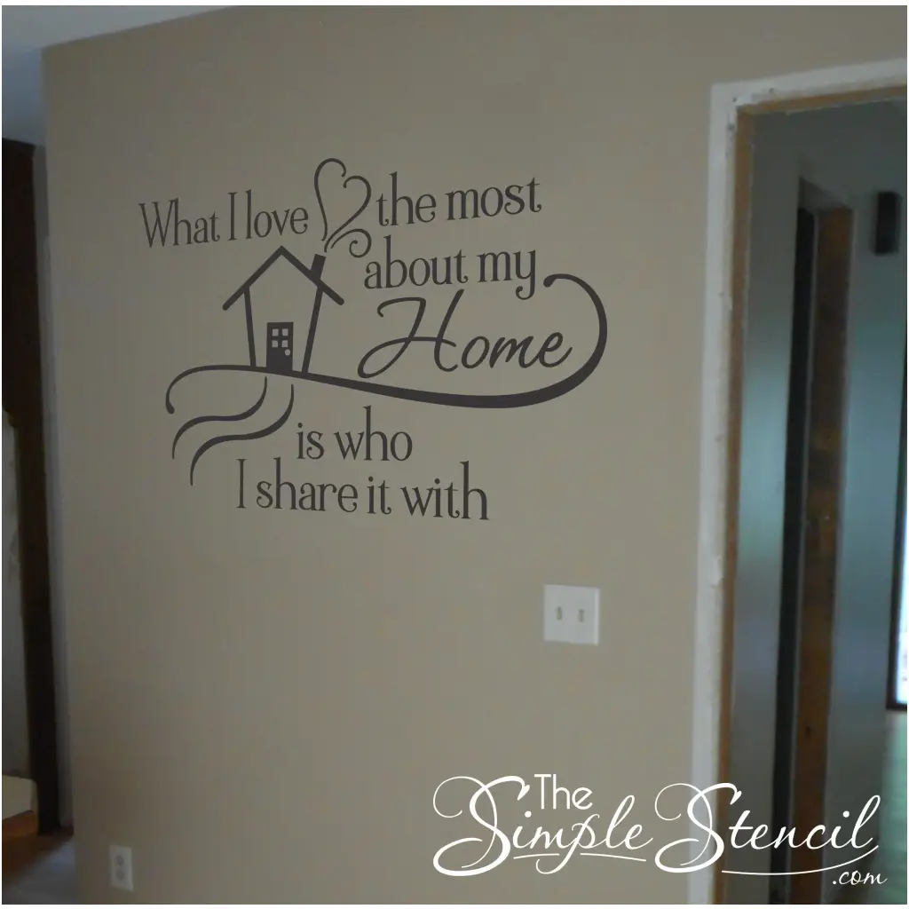 Customer supplied picture of this sweet little wall decal that reads: What I love most about my home is who I share it with. 
