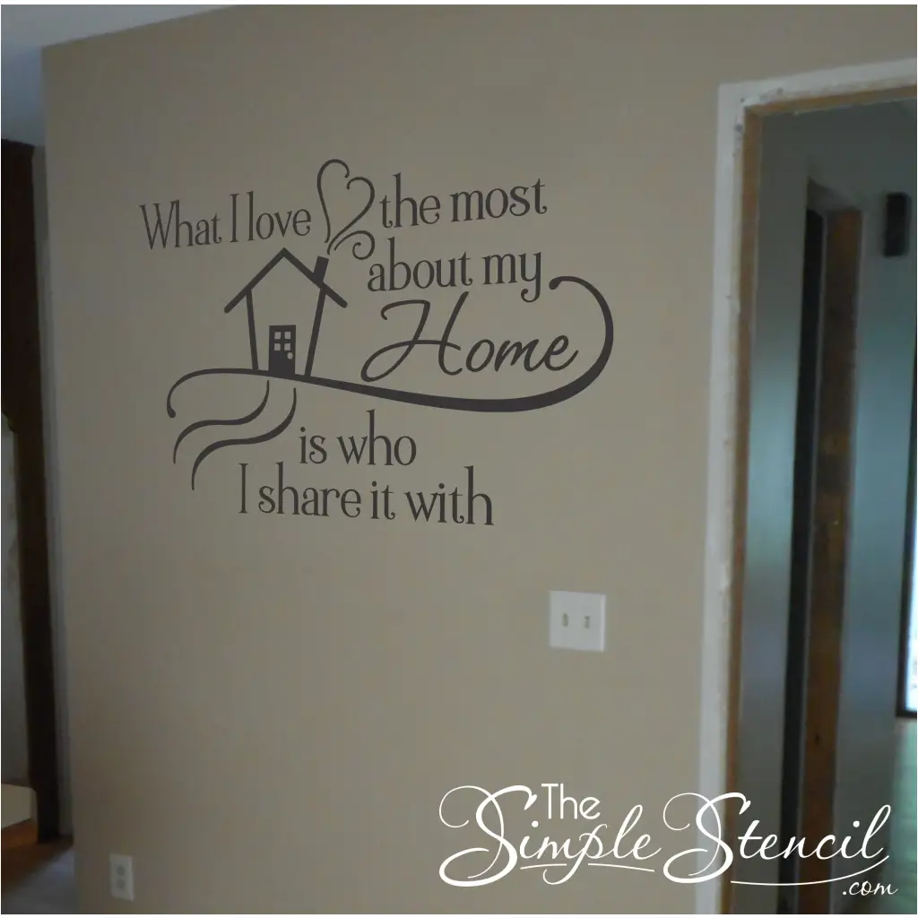 Customer supplied picture of this sweet little wall decal that reads: What I love most about my home is who I share it with. 
