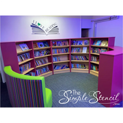 Customer submitted picture of this I Love Reading wall decal displayed in a larger size on a library wall - Submitted by Church of England Primary School using TheSimpleStencil.com  library wall art. 