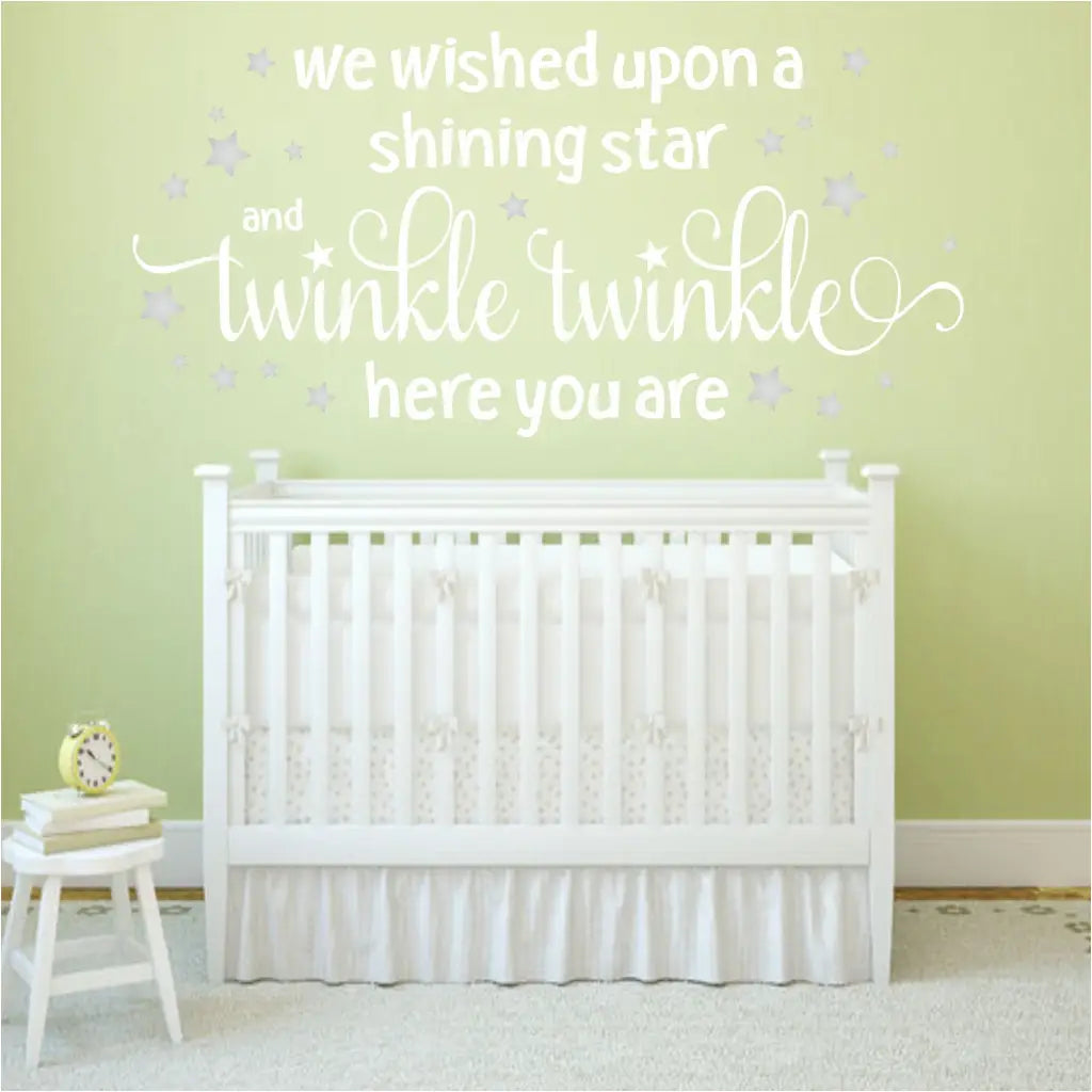 A super adorable vinyl wall decal for baby's nursery adds a sweet finishing touch to decor and reads: We wished upon a shining star and twinkle twinkle here  you are.