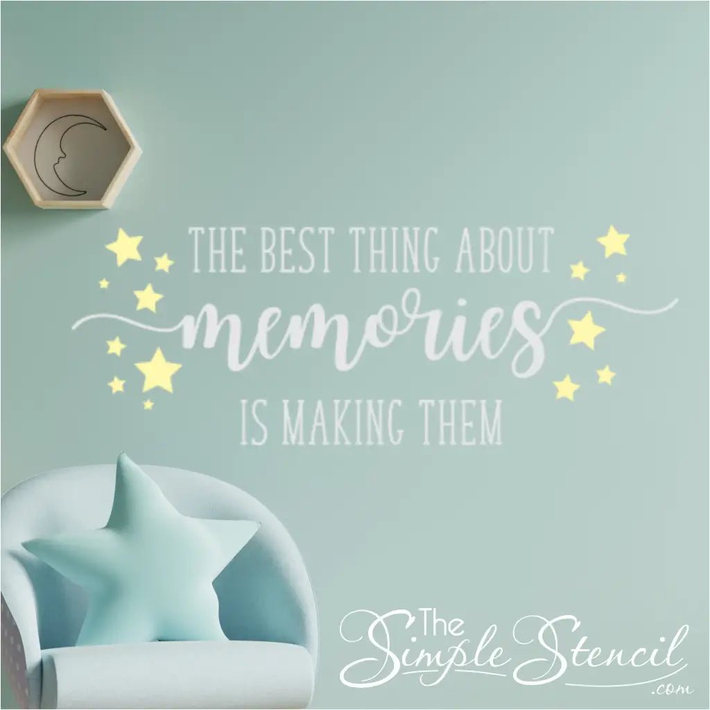 Family room with 'The Best Thing About Memories' decal, highlighting family photos and memories.