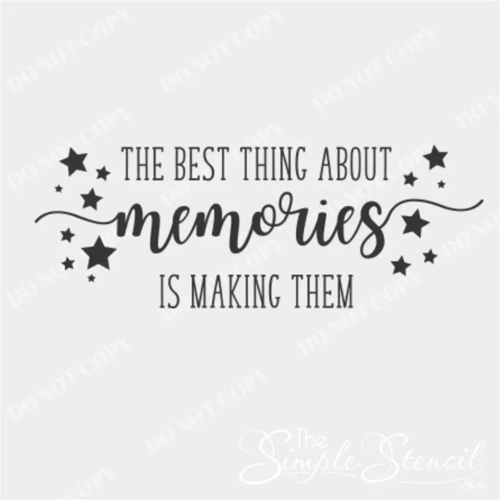 The Best Thing About Memories wall decal, installed as shown, with large 'Memories' text surrounded by stars.