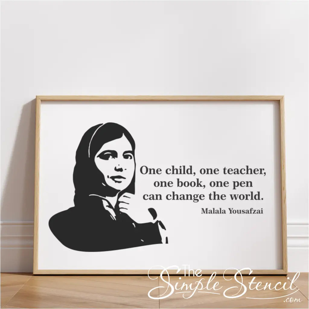 Framed Malala Yousafzai poster print in an office: A framed Malala Yousafzai poster print hanging in a modern office, promoting a culture of equality.