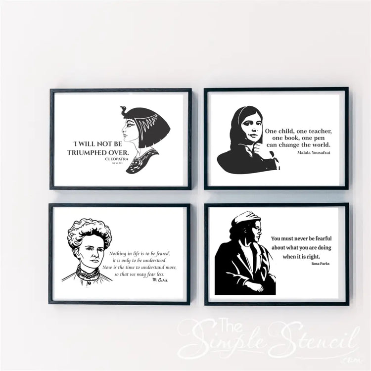 Marie Curie canvas print in a university hallway: A large Marie Curie canvas print displayed in a university hallway among other women in history, honoring her contributions to science and encouraging students to pursue their academic passions.
