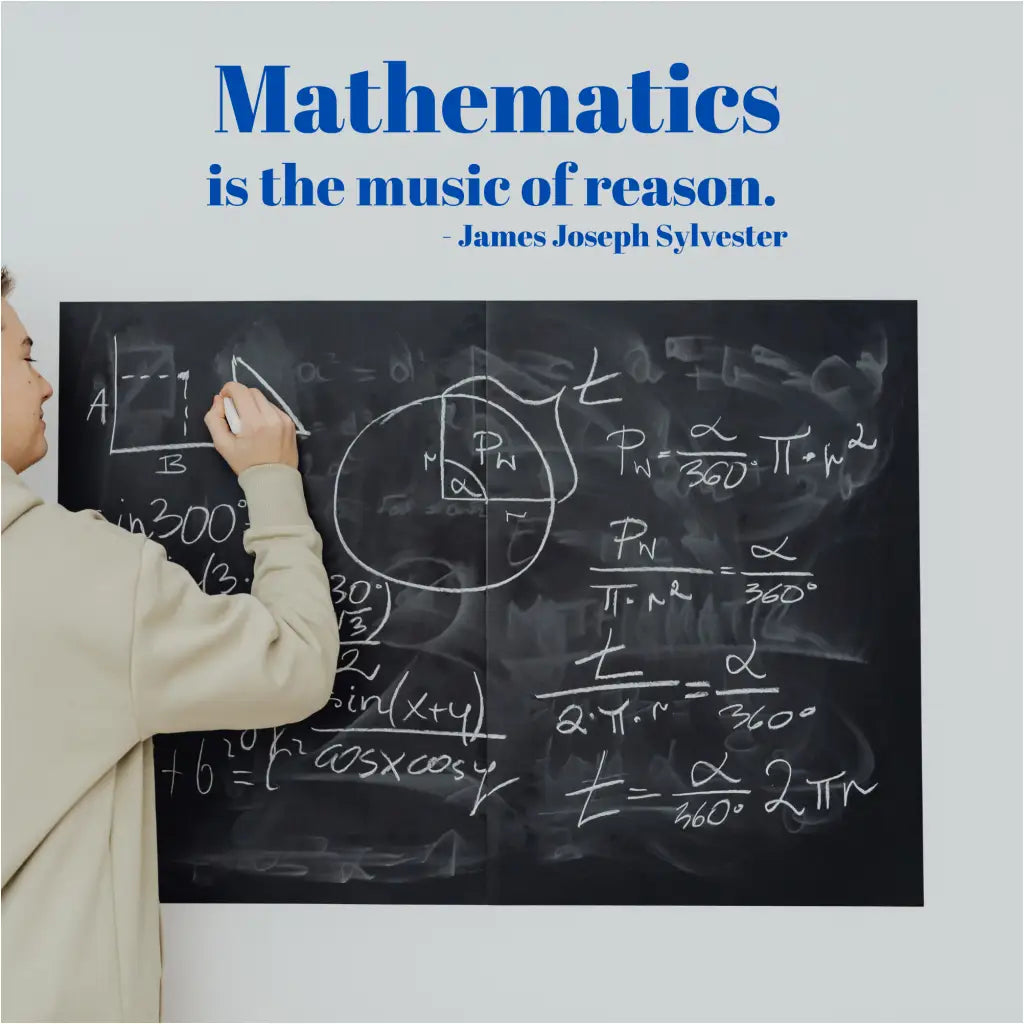 Inspirational math quote wall decal for classrooms and homeschooling spaces.
Vinyl wall decal with the quote "Mathematics is the music of reason" by James Joseph Sylvester.