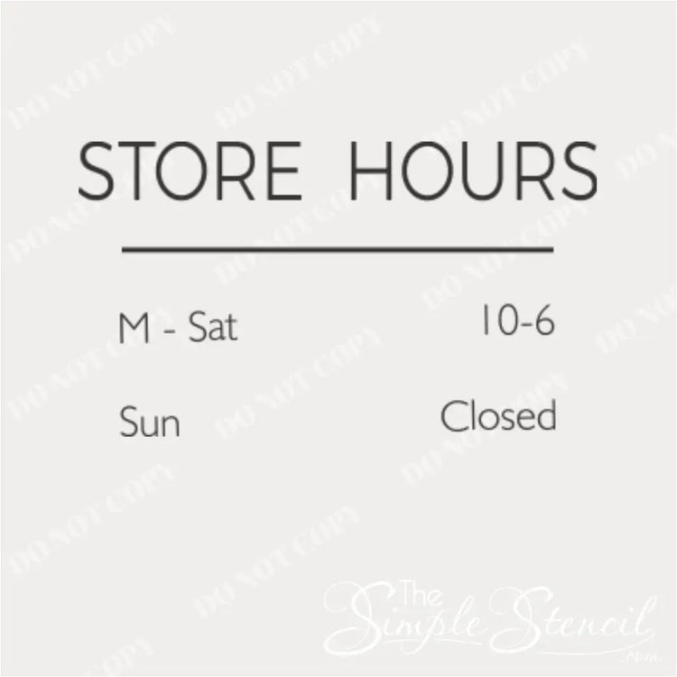 Close up of minimalist store hours vinyl decal for storefront business display