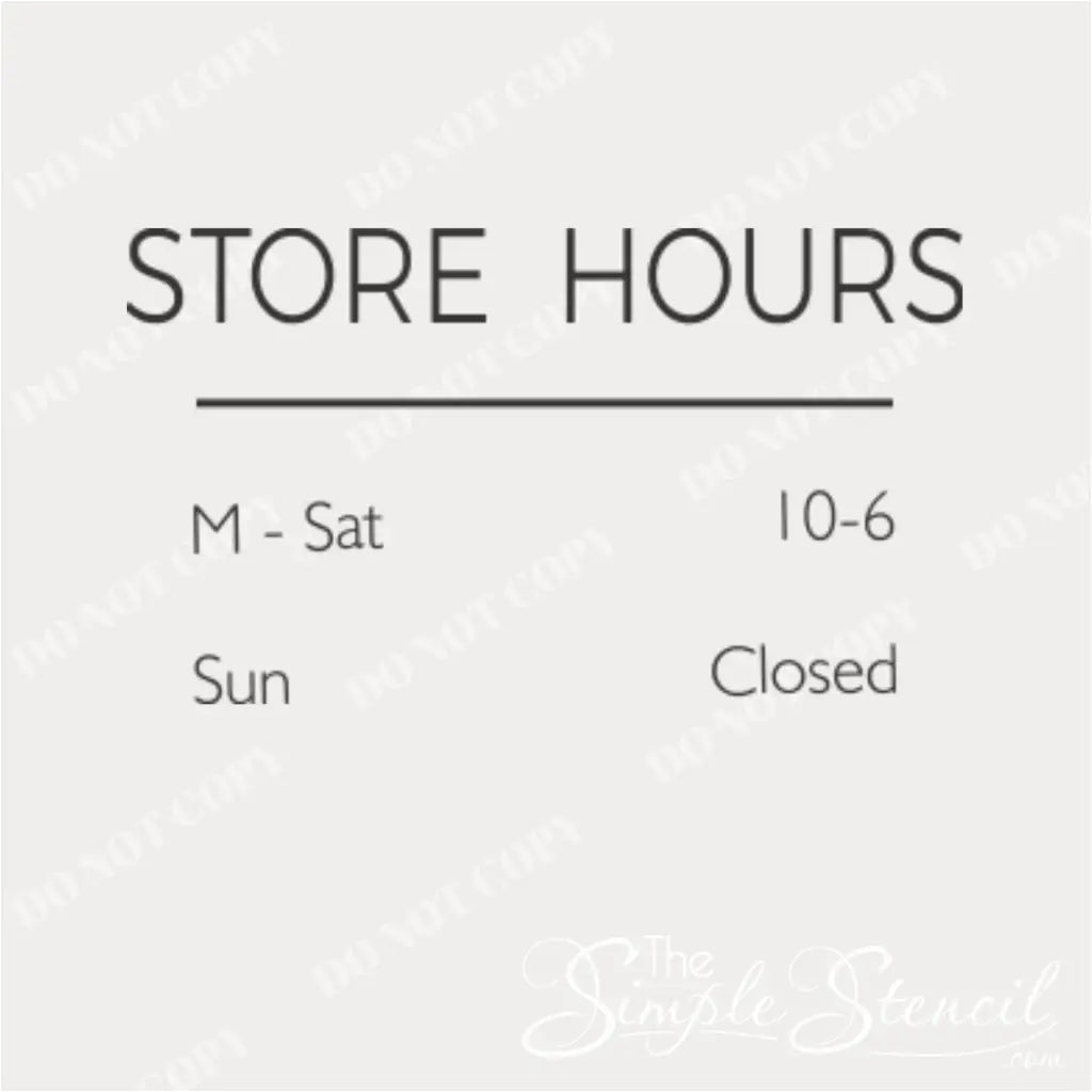 Close up of minimalist store hours vinyl decal for storefront business display