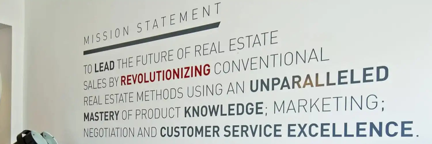 Examples of beautifully designed mission statement wall displays using premium quality vinyl lettering that is easy to apply, but removable when ready for a change. Let us turn your mission statement into an eye-catching display to inspire customers!