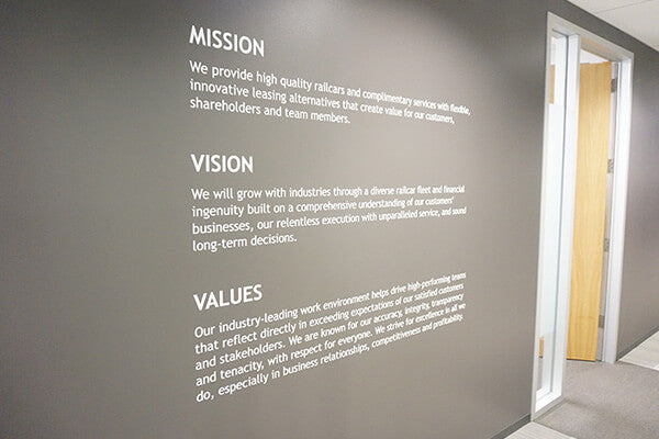Mission statement wall decals to enhance your office decor, boost employee moral and bring confidence to your customers and clients. Send us your mission statement and let us turn it into an easy to install wall display! 