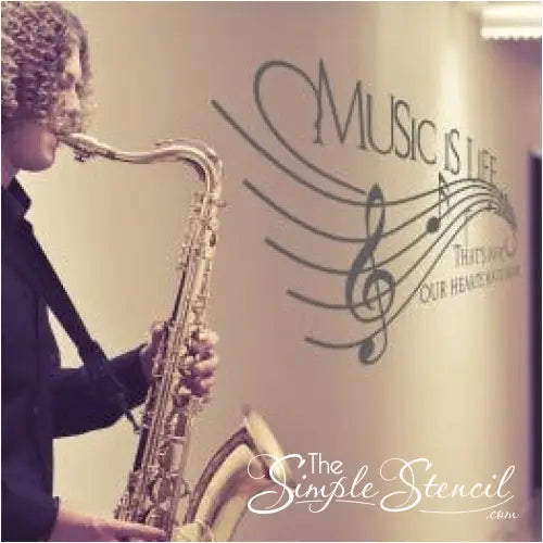 Music is life, that's why our hearts have beats vinyl wall decal displayed on a hallway outside of a school band room adds a fun element to the decor while students prepare or wait for class.