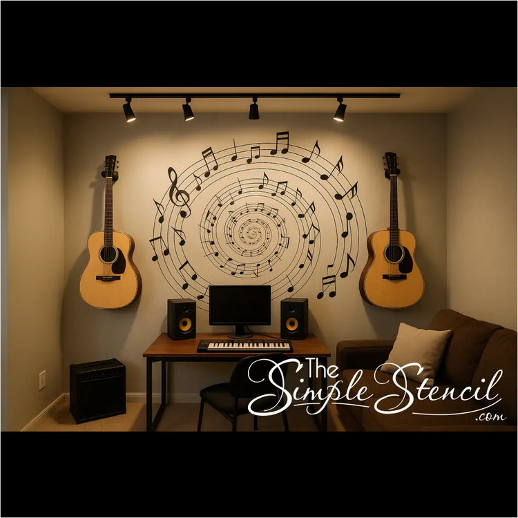 Home music studio with guitars and musical notes arranged in a spiral pattern on a light gray wall