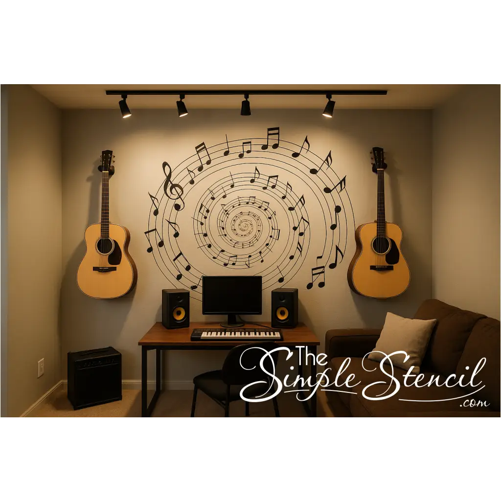 Home music studio with guitars and musical notes arranged in a spiral pattern on a light gray wall