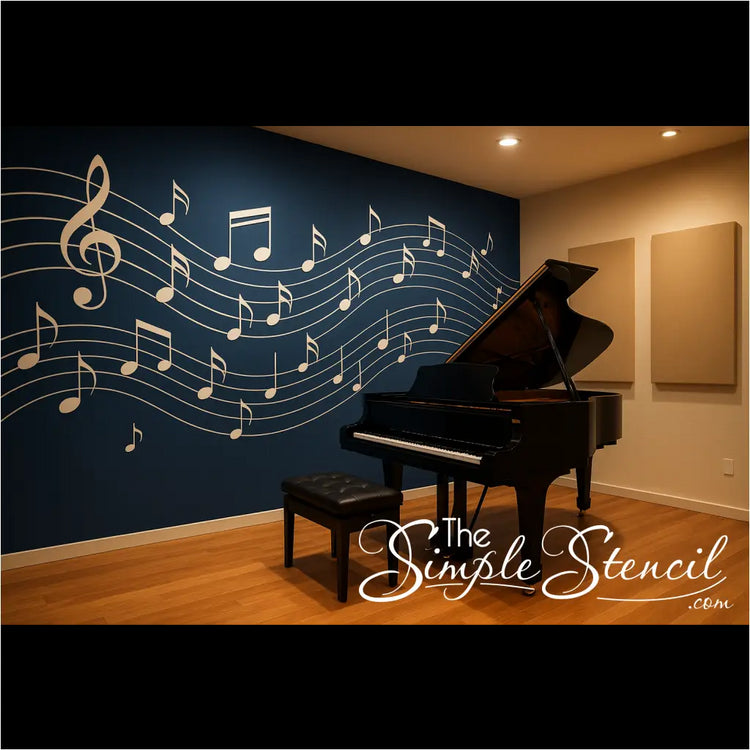 Music room with a grand piano and musical notes arranged in a flowing wave pattern across a deep blue wall